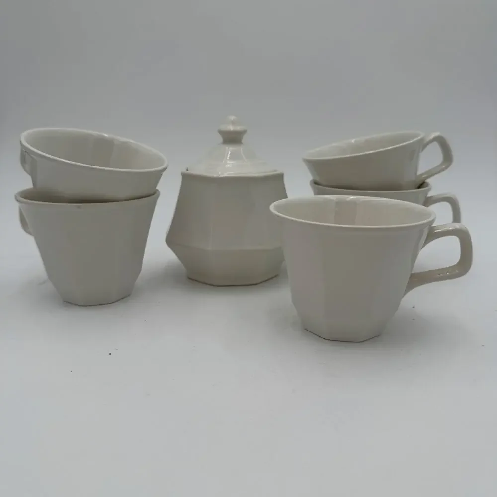 Vintage Sugar Bowl and 5 Coffee Cups Colonial White by Homer Laughlin 7 pcs